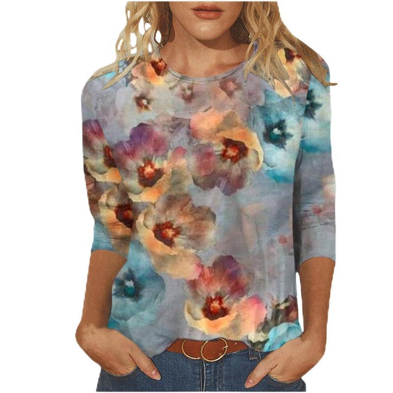 Women's T-shirt 3d Print Vintage Floral Print Casual Long Sleeve Round Neck Regular Tops Daily Print Pink, Spring and Autumn