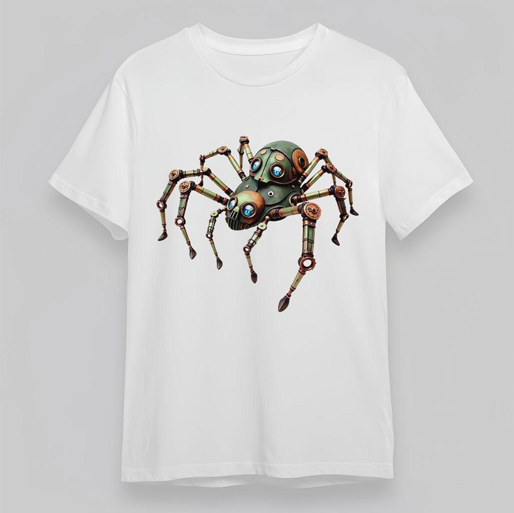 

Women s Cotton T-Shirt Mechanical Spider Blue LED Eyes Rivet Tee Oversize White 3XL