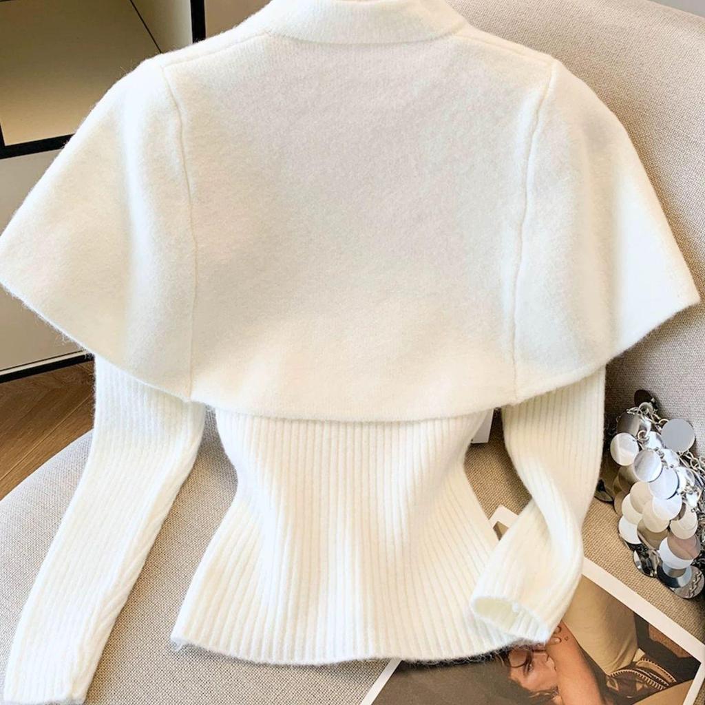 French Long Sleeve Double-Breasted Knit Cardigan Sweater with Shawl – Slimming Two-Piece Set for Autumn/Winter