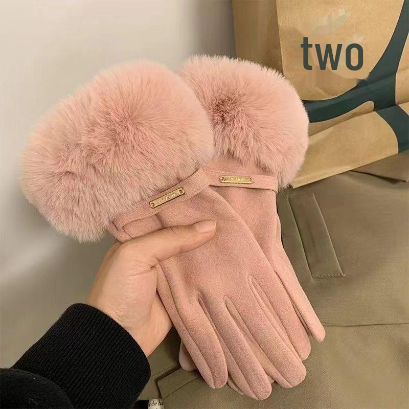 

Жіночі зимові оксамитові сенсорні рукавички з розділеними пальцями та хутряним оздобленням One Size рожевий