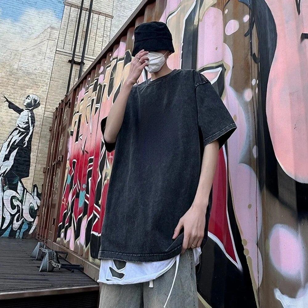 T-shirt rétro à manches courtes pour hommes et femmes, en coton, à épaules tombantes, Vintage, couleur unie, Hip Hop, ample, 230G