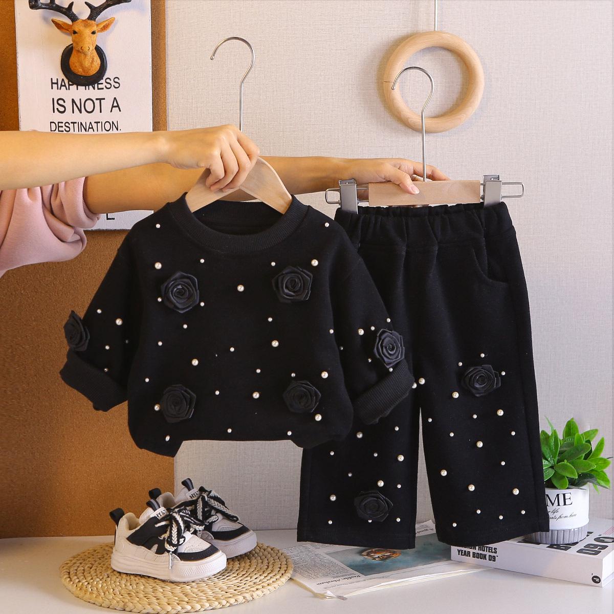 2026 New Girls  Chic Spring/Autumn Floral Two-Piece Casual Set 110 cm чёрный