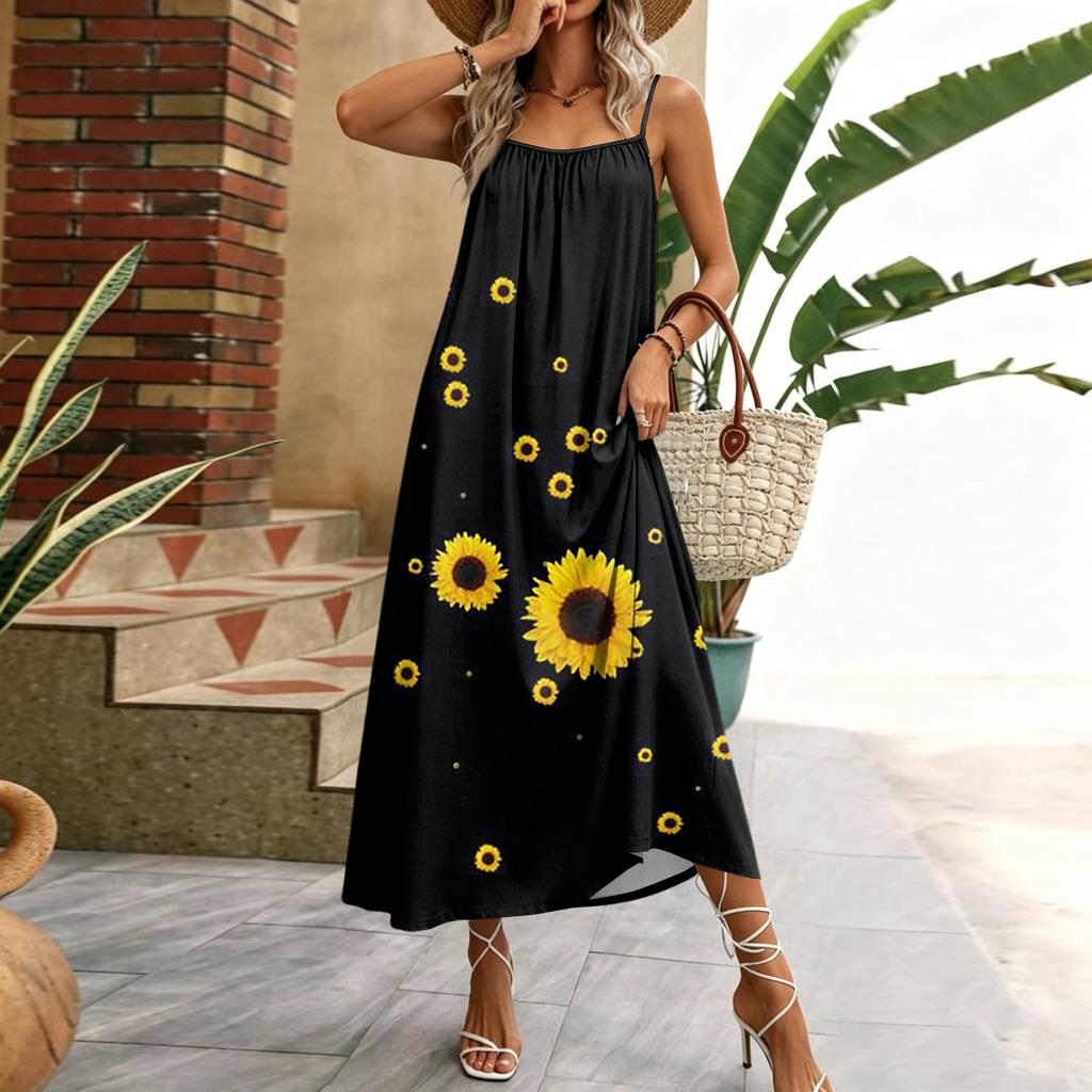 Damen ärmelloses Maxikleid mit floralem geometrischem Print, Spaghettiträger, lässiges Haus-Urlaubs-Kleid, leichtes Sommerkleid