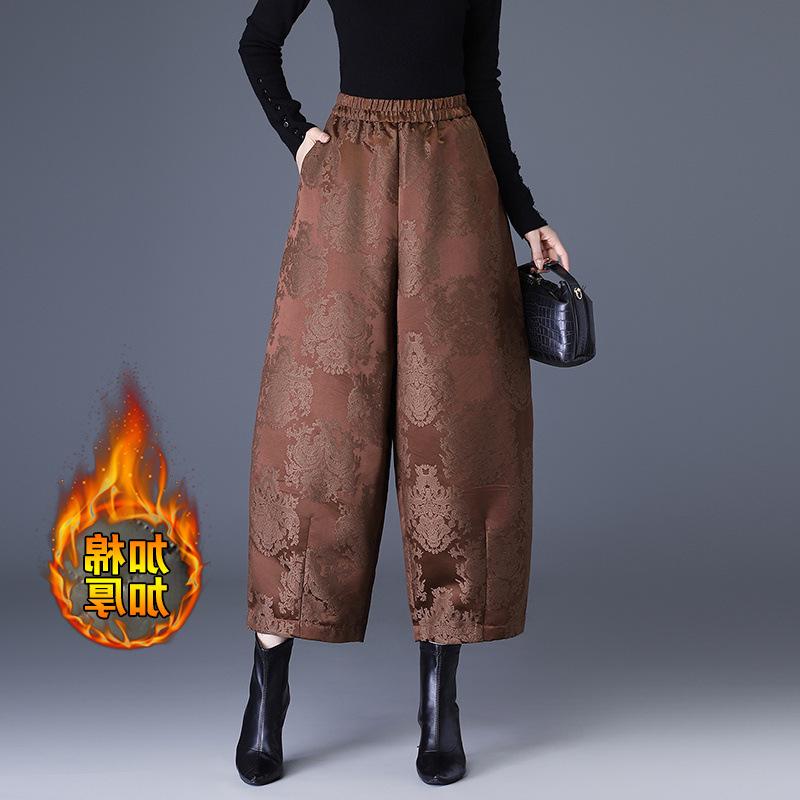 Chinese Style Jacquard Anti-Aging Down Cotton Pants for Middle-Aged Women - Autumn/Winter Cropped Casual Boots