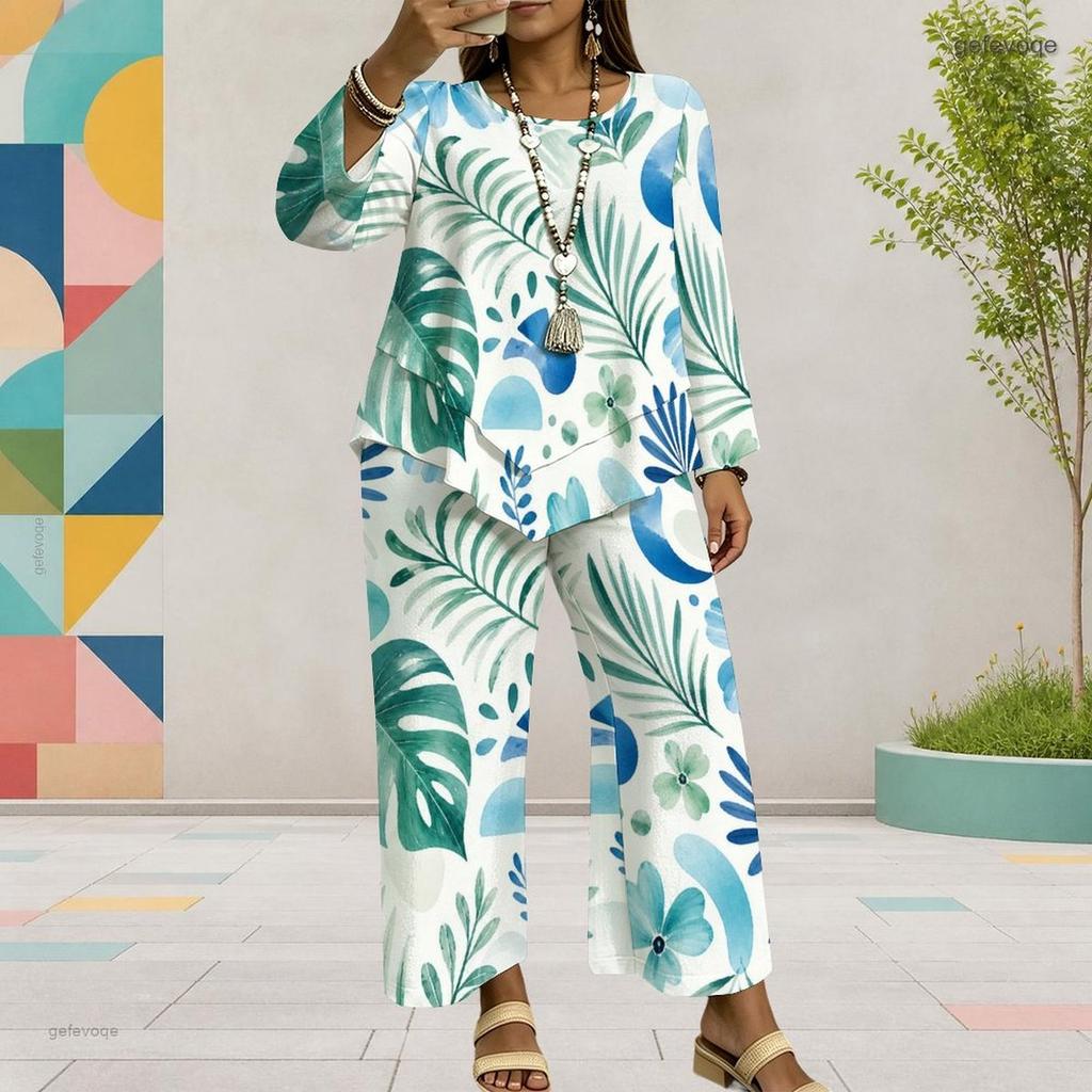 Women Plus Size Tropical Leaf Printed Round Neck Long Sleeve Layered Top Wide Leg Cropped Pants Two Piece Set