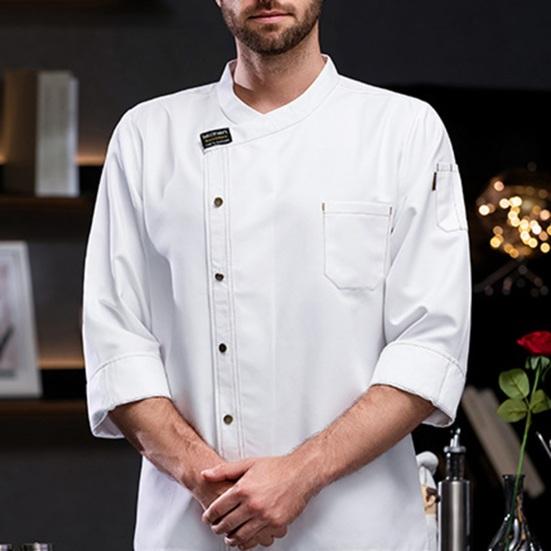 Şef Gömlek Uzun Kollu Gevşek Stand Yaka Tek göğüslü Cep Düz Renk Nefes Alabilir Yumuşak Unisex Mutfak Aşçı Gömlek Fırın Restoran Garson