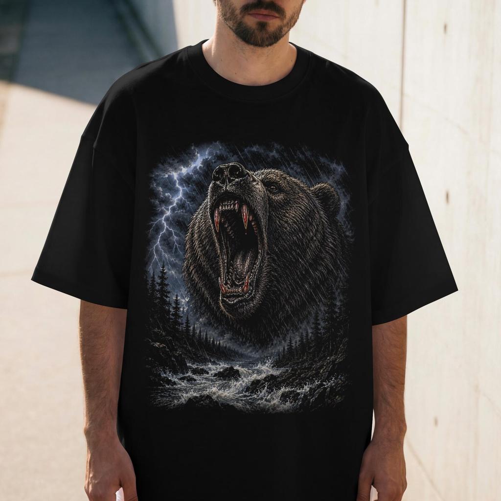 Grizzly Bear Graphic Tee, Comfort Colors Tshirt, Lightning Storm Wilderness Top, Edgy Streetwear Gym Shirt, Nature Gorpcore Gift