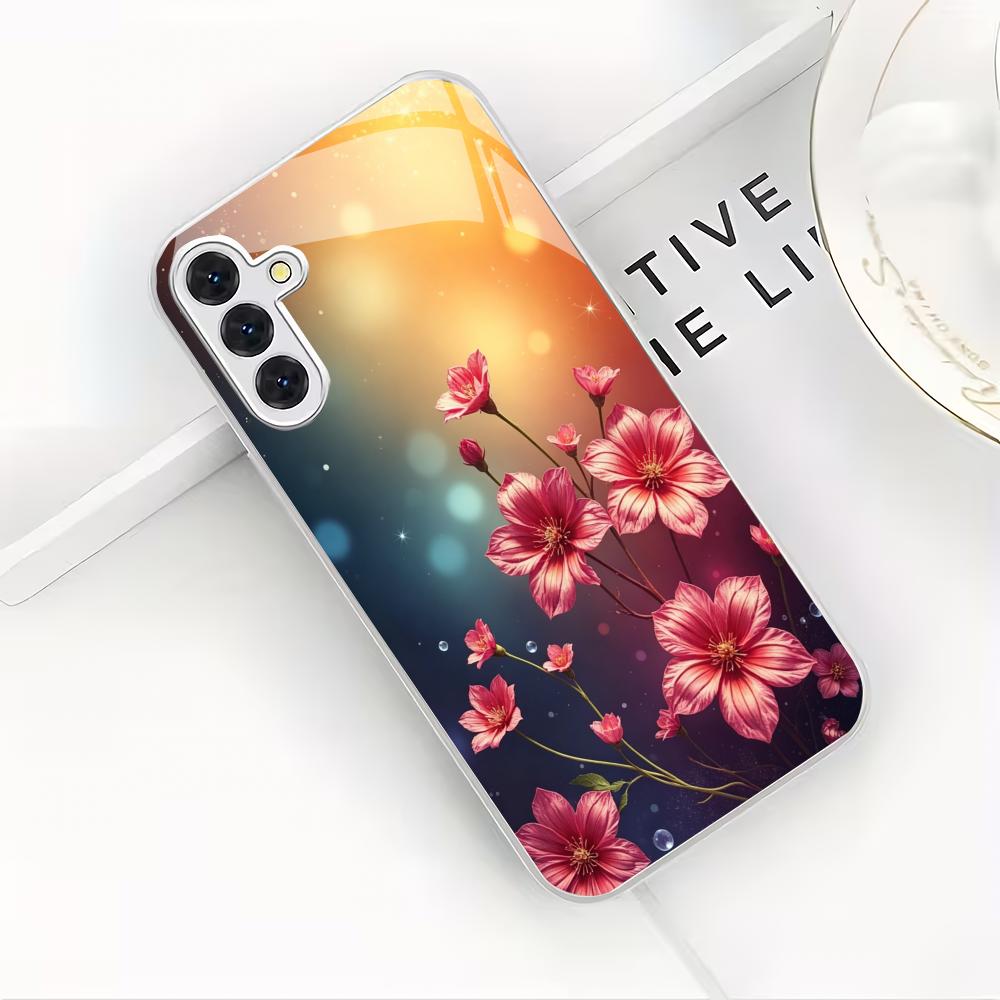 Capa de telefone de vidro banhada a prata com design de flor adequada para Samsung Galaxy S26 S25 S24 S22 S21 S20 FE/Ultra/Plus capa rígida