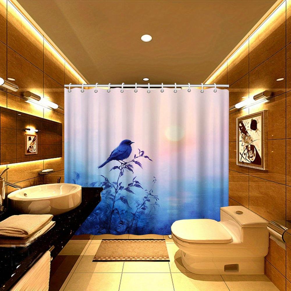 1pc Artistic Polyester Shower Curtain with Bird and Sunset Design, Woven Fabric, Includes 12 Hooks, Machine Washable