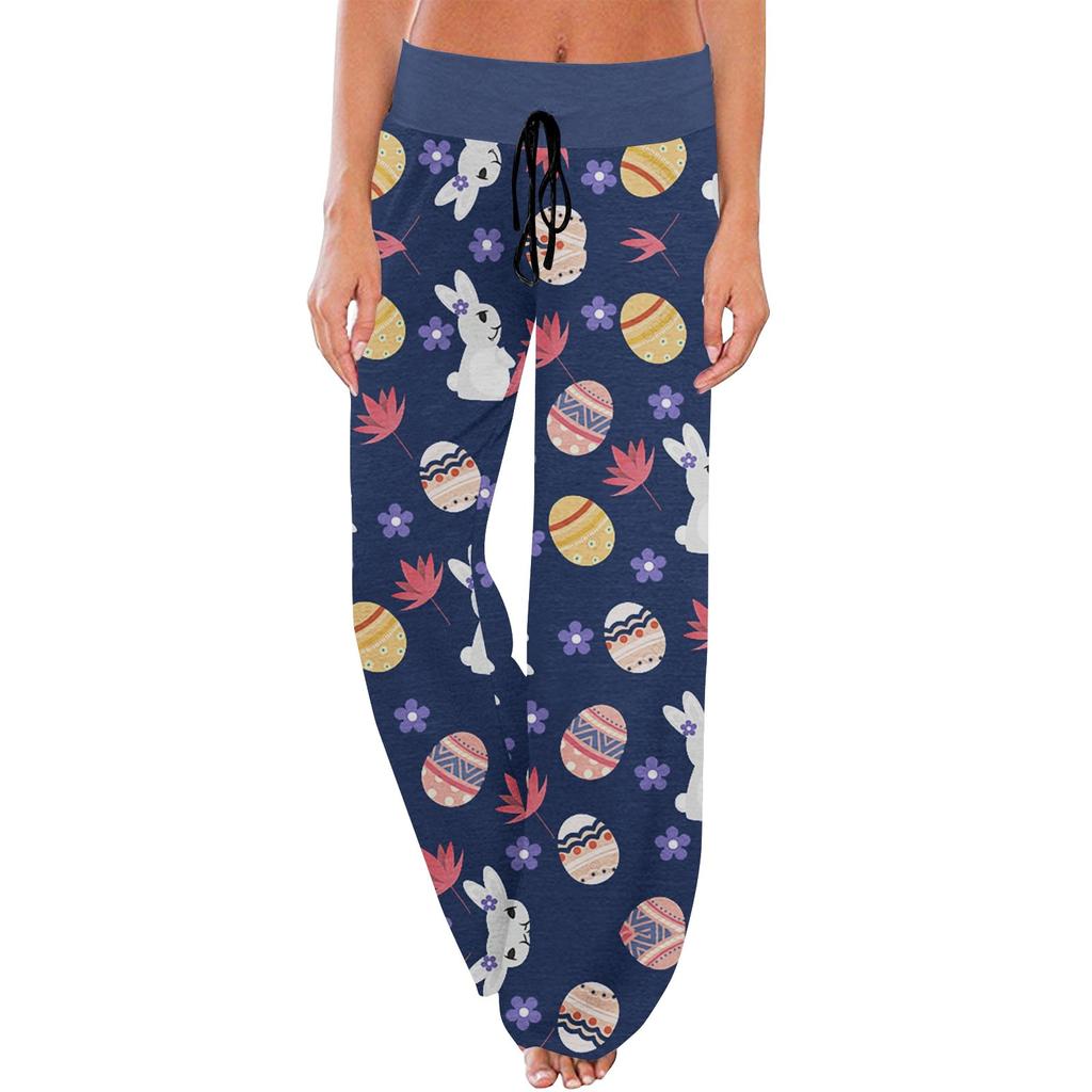 Pantaloni de pijama confortabili de damă, cu imprimeu de Paște, buzunare mici, pantaloni largi cu șnur
