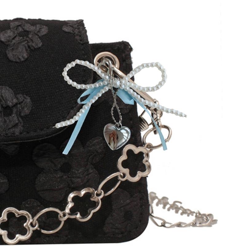 Handgemachter Schleifen-Schlüsselanhänger mit Perlenherz-Dekoration, Handy-Anhänger, Schlüsselring, Taschenanhänger für Handys und Geldbörsen