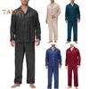 2-teiliges Pyjama-Set für Herren aus Seidensatin mit Knopfleiste, langärmeligem Pyjama-Oberteil mit Reverskragen, vorderer Knopfleiste, Brusttasche, lange Hose, Nachtwäsche