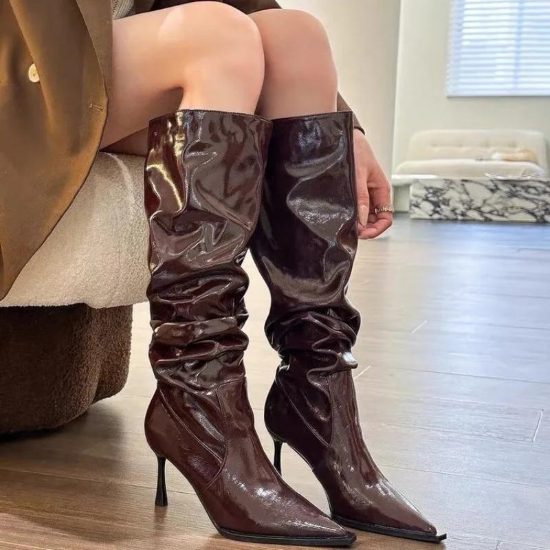 Over-the-knee Boots Women Fashion Pointed Toe Black Side Zipper Thin High Heels Female Shiny Pleated High Heel Botas 2025