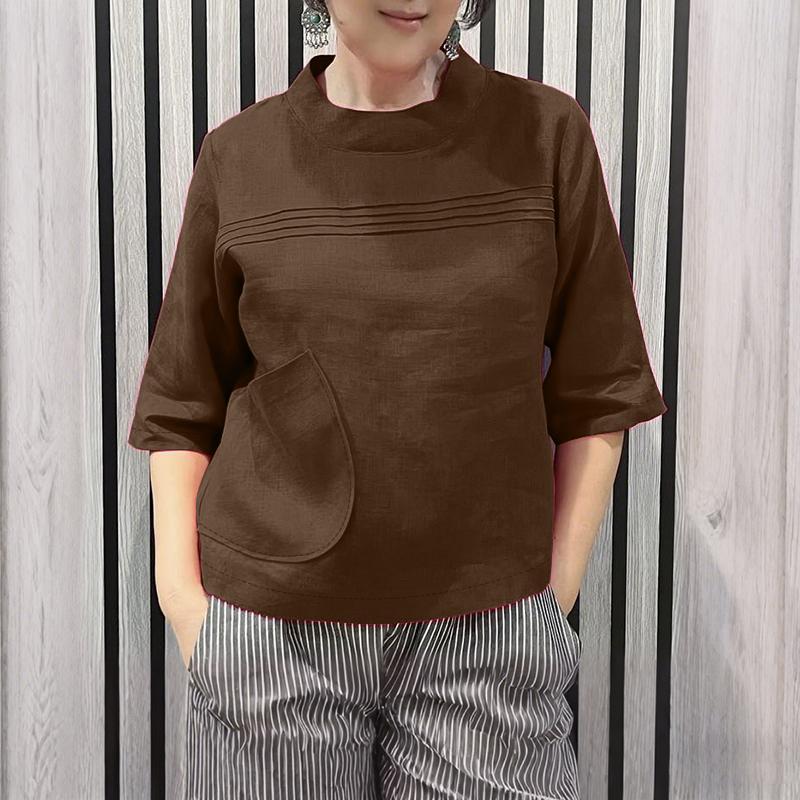 ZANZEA Women Casual Round Neck Solid Color 3/4 Sleeve Loose Blouse