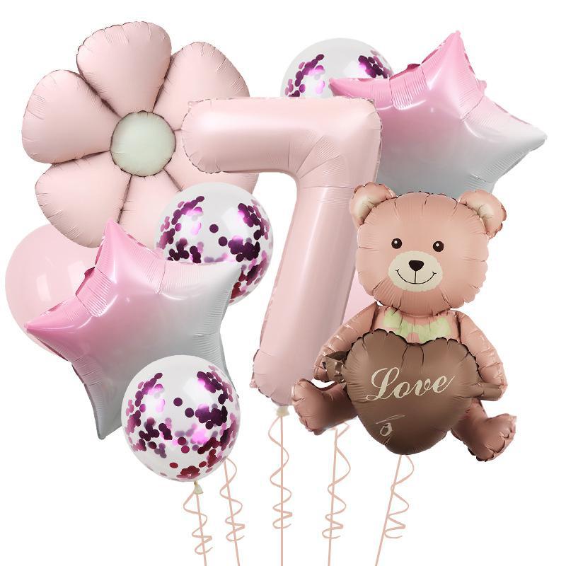Matte Love Bear Colored Daisies 40 Inch Caramel Cream Aluminum Film Sequins Latex Balloon Birthday Set