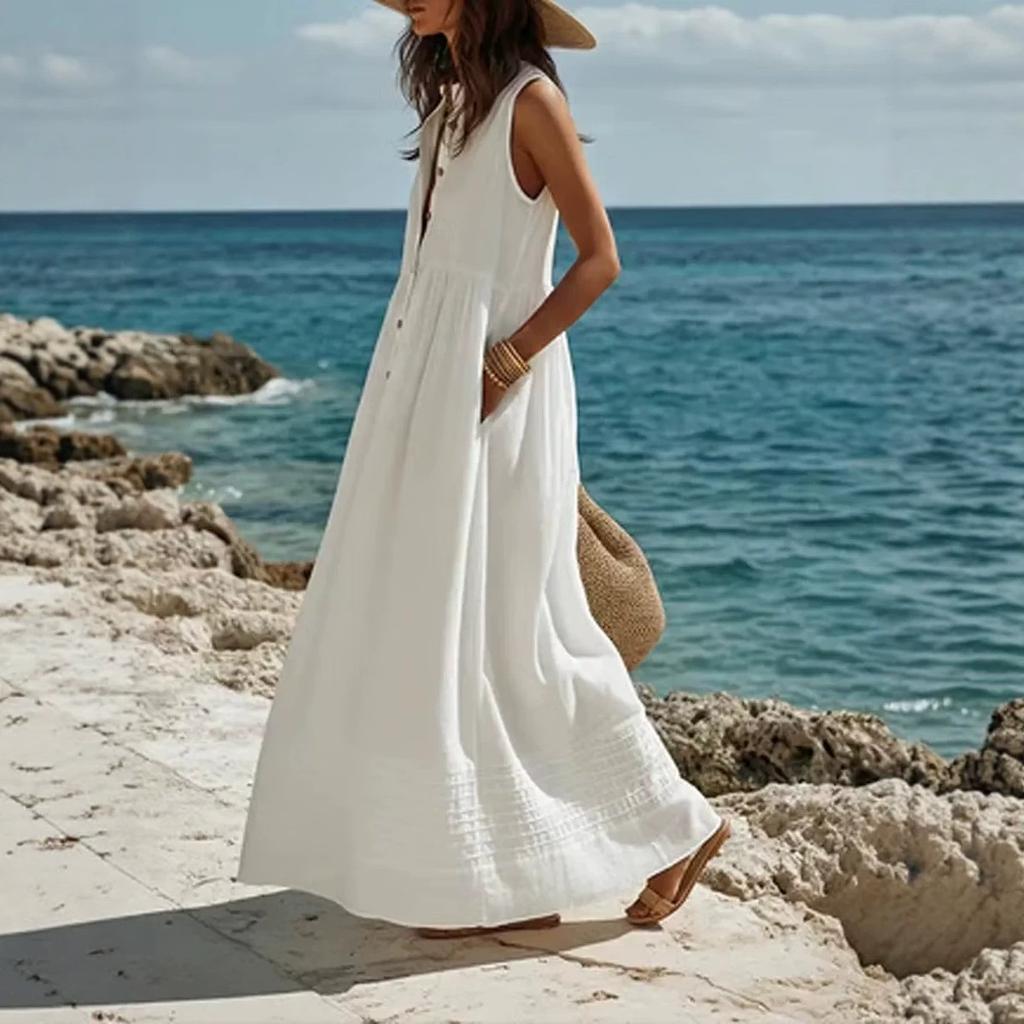 New European and American holiday style fashion casual big v-neck sleeveless big swing dress