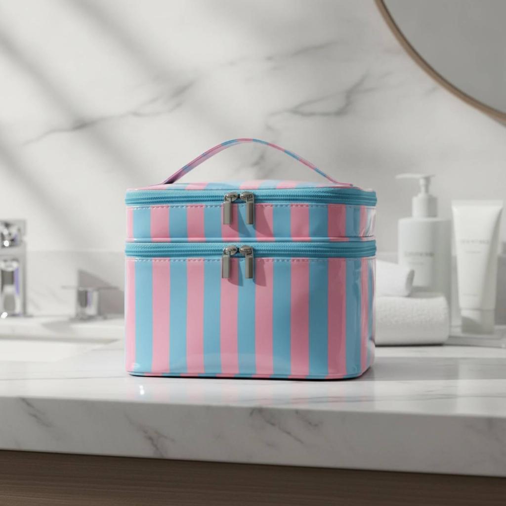 TwoTier Cosmetic Organizer Portable Zippered Toiletry Bag with Handle Compact Structured Makeup