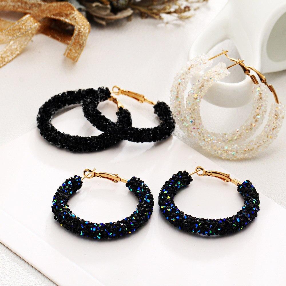 Sparkle Hoop Earrings For Women Punk Rock Big Crystal Black White Color Personality Retro Exaggeration Fashion Jewelry Kae157