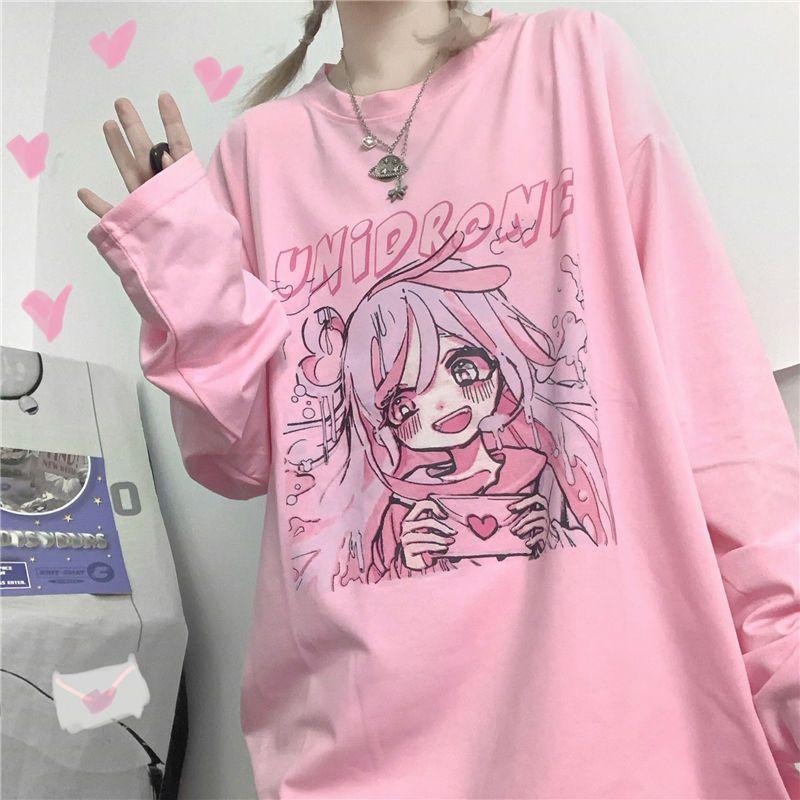 Y2K Anime Kawaii Oversized Casual Cute Tops Summer Fashion Punk O-Neck Short-Sleeves Unisex Streetwear T-shirt Women Wild Tops