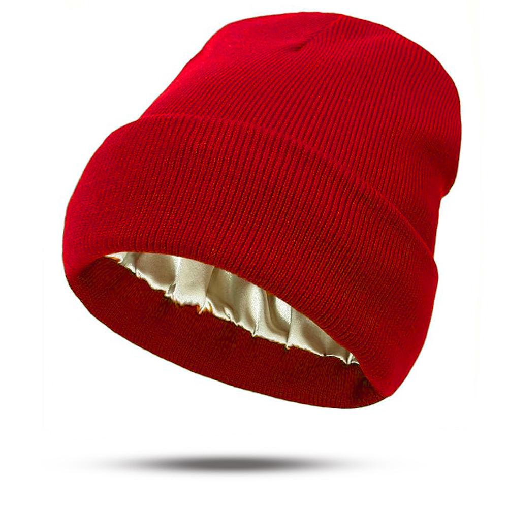 European & American Satin Brocade Winter Hat: Women's Warm Knitted Hair Protection, Acrylic Wool Blend.