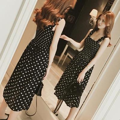 Summer Women Dress Dot Print Sleeveless Elastic Bust Square Neck A-line Big Hem Pleated Mid-calf Length Dating Shopping Midi Dress