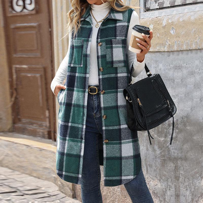 Autumn and Winter New Sleeveless Lapel Plaid Vest Jacket Retro Medium and Long