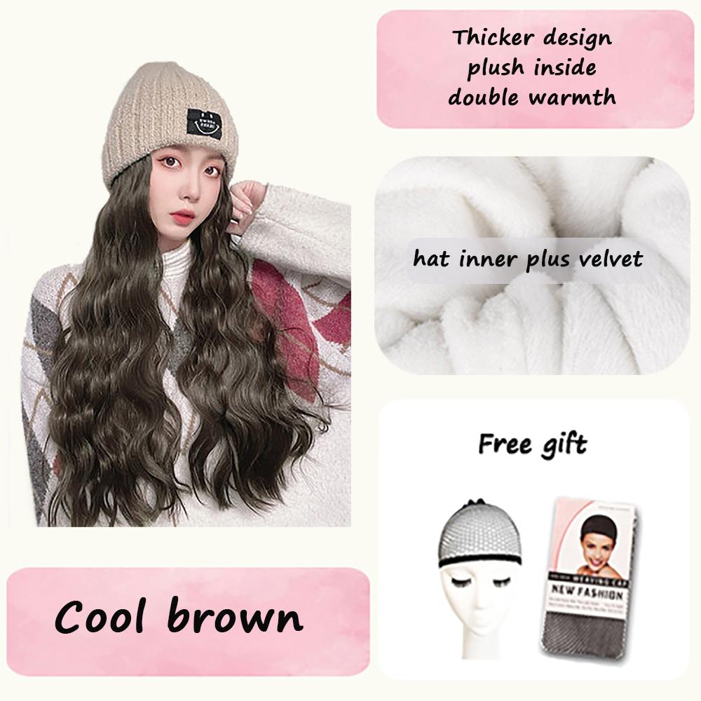 Knitting And Velvet Wig Hat for Autumn And Winter High Temperature Resistant Synthetic Long Curly Hair Fashion