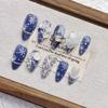 Almond Shaped Blue Snowflake Handmade Fake Nail Tips