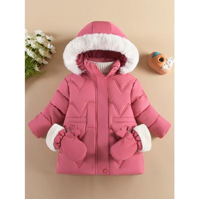 Girl'S Comfy Solid Color Long Sleeves Warm Hooded with Pockets & Gloves, Trendy Versatile Zip-Up Coat for Outdoors, Fall and Winter Best Choice