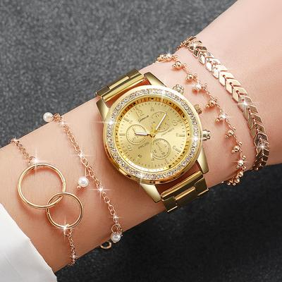 Modische Damen Goldfarbene Edelstahl-Quarz-Uhr mit Armband-Set 5 Stück