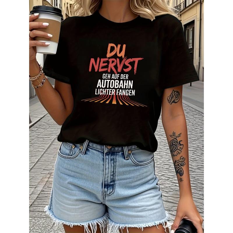 

Women s German Letter Print Tee Summer Spring Casual Short Sleeve Top S