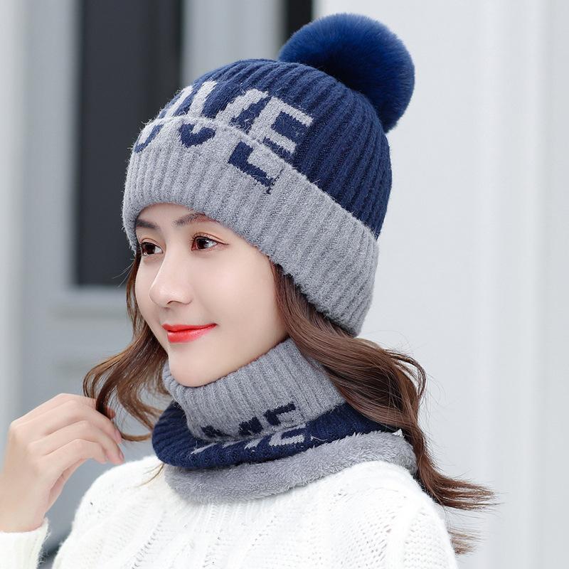 Hat Scarf Set Ladies Winter Fleece Thickened Wool Hat Tide Letter LOVE Knitted Cycling Hat