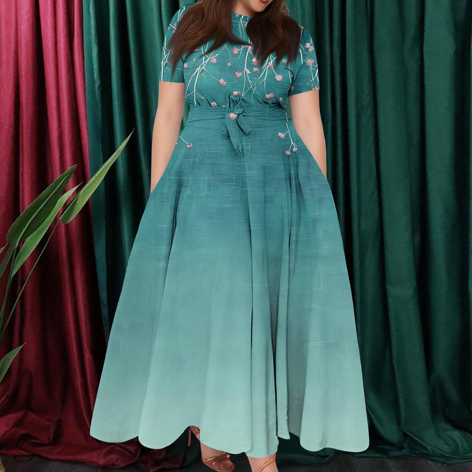 

Женское повседневное модное свободное платье большого размера с принтом, круглым вырезом и короткими рукавами, карманными бретелями XXXL циан