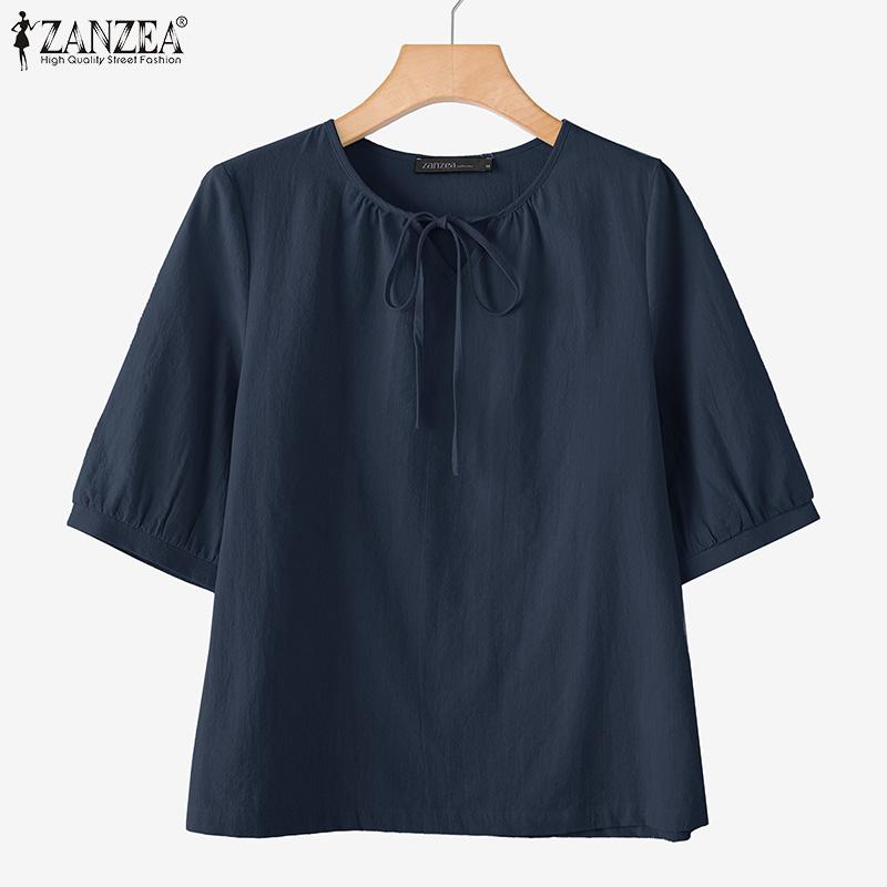 ZANZEA Women Casual Round Neck Loose Short Sleeve Cotton Blouse