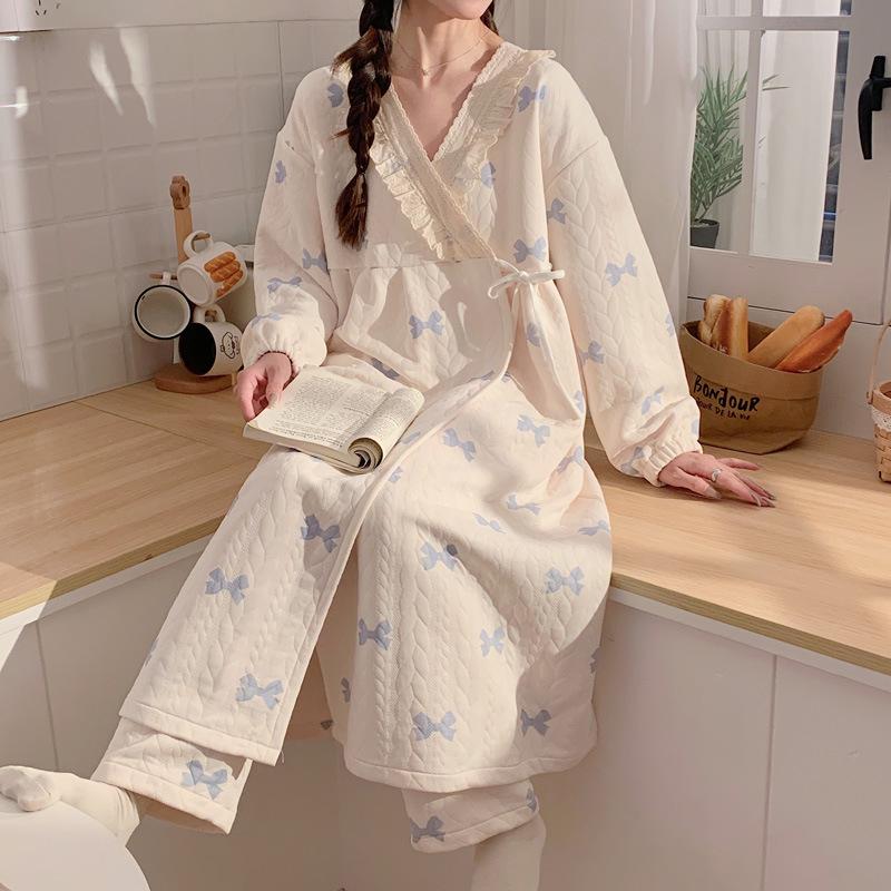 Autumn & Winter Air Cotton Maternity Nursing Pajamas: Long, Thickened Labor Dress for Postpartum and Pregnant Women