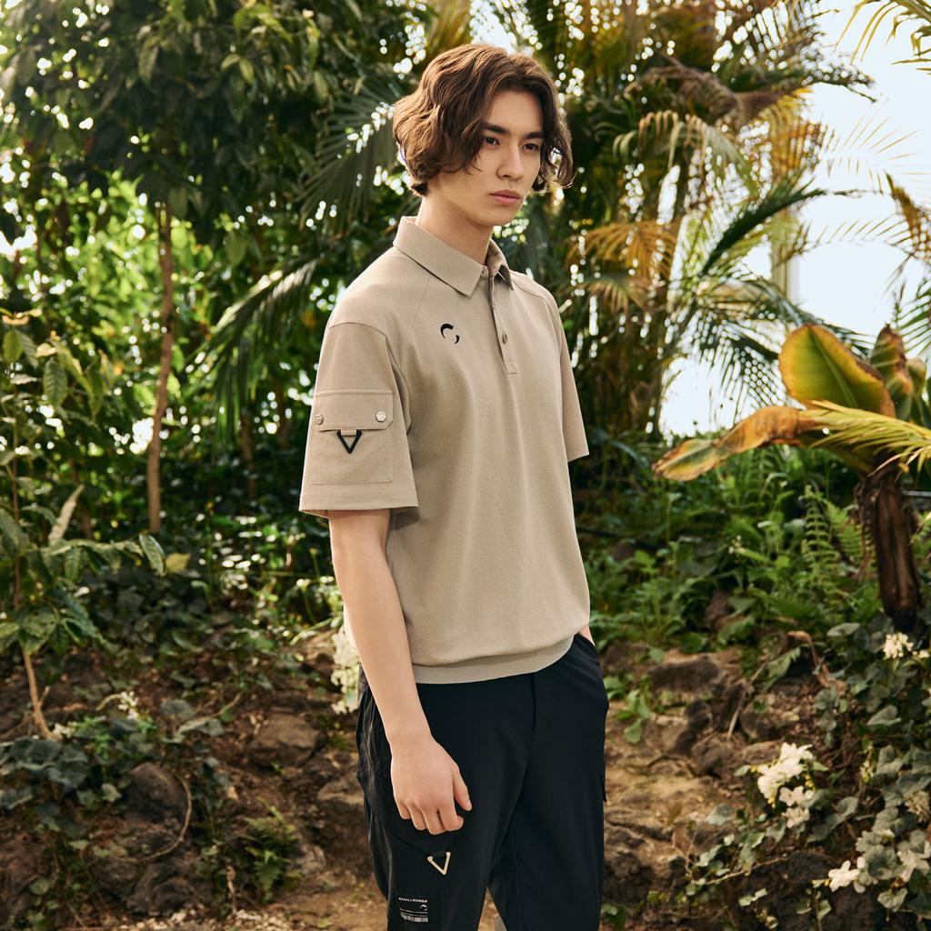 CHALLENGER Men'S Pq Blouson Raglan Cut-Out Short Sleeve Collared T-Shirt Beige