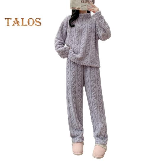 Set de 2 bucăți de pijamale de iarnă unisex Guler de culoare solidă Închidere cu fermoar Pânză de corali îngroșată Îmbrăcăminte de acasă haină de pantaloni Set de îmbrăcăminte largi de găzduire Lenjerie de noapte