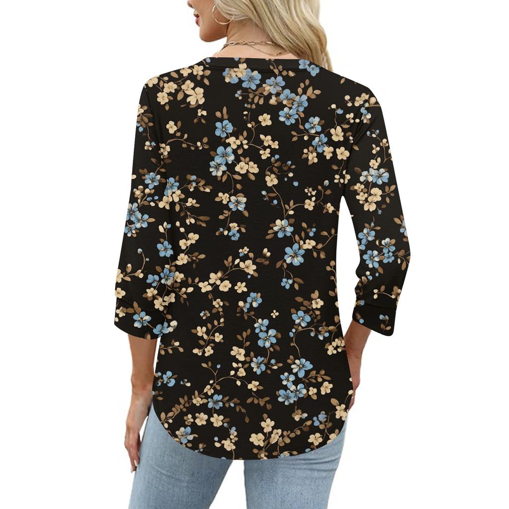 Damen T-Shirt mit Aufdruck, Knopfleiste, 3/4-Ärmel, für den Alltag, Wochenendmode, Basic, V-Ausschnitt, normales Oberteil