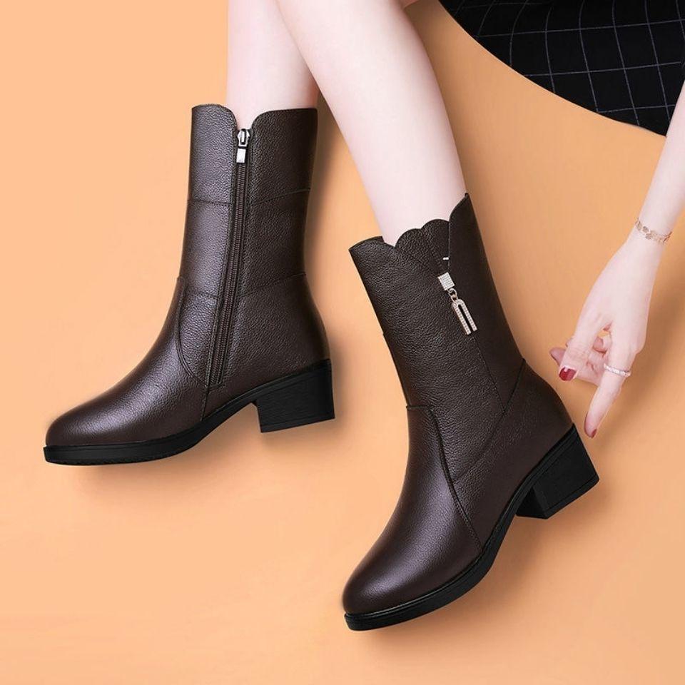 Fashion Autumn Winter Middle Heel Warm Round Toe Ladies Mid Calf Shoes Leather Rhinestone Women's Half High Boots Trend 2025 Pu Footwear