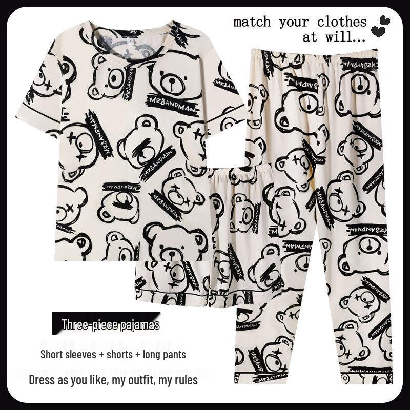 Women's Loose Summer Cartoon Pajama Set: Cute Short Sleeve Top & Long Pants for Spring/Autumn