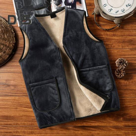 Men Vest Coat V-Neck Sleeveless Solid Color Velvet Lined Vest Coat with Pockets Zipper Closure Thickened Warm Bottoming Waistcoat
