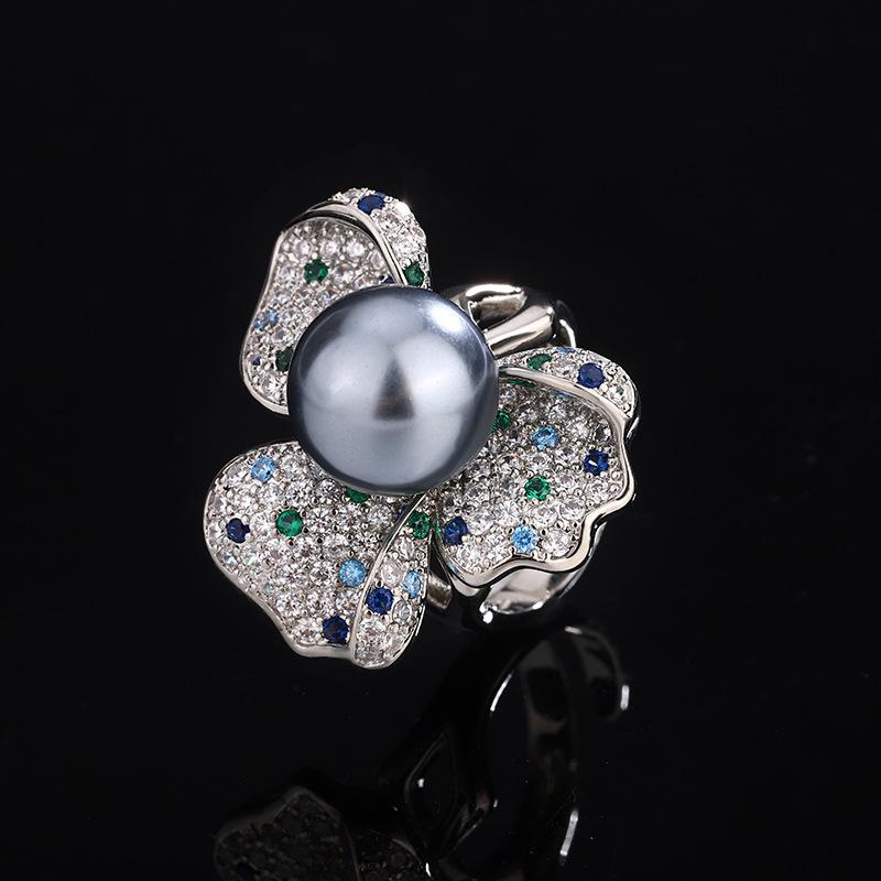 

Jewelry Copper Platinum Plated Pearl Flower Breaking Color Light Luxury Ring Female 12Mm