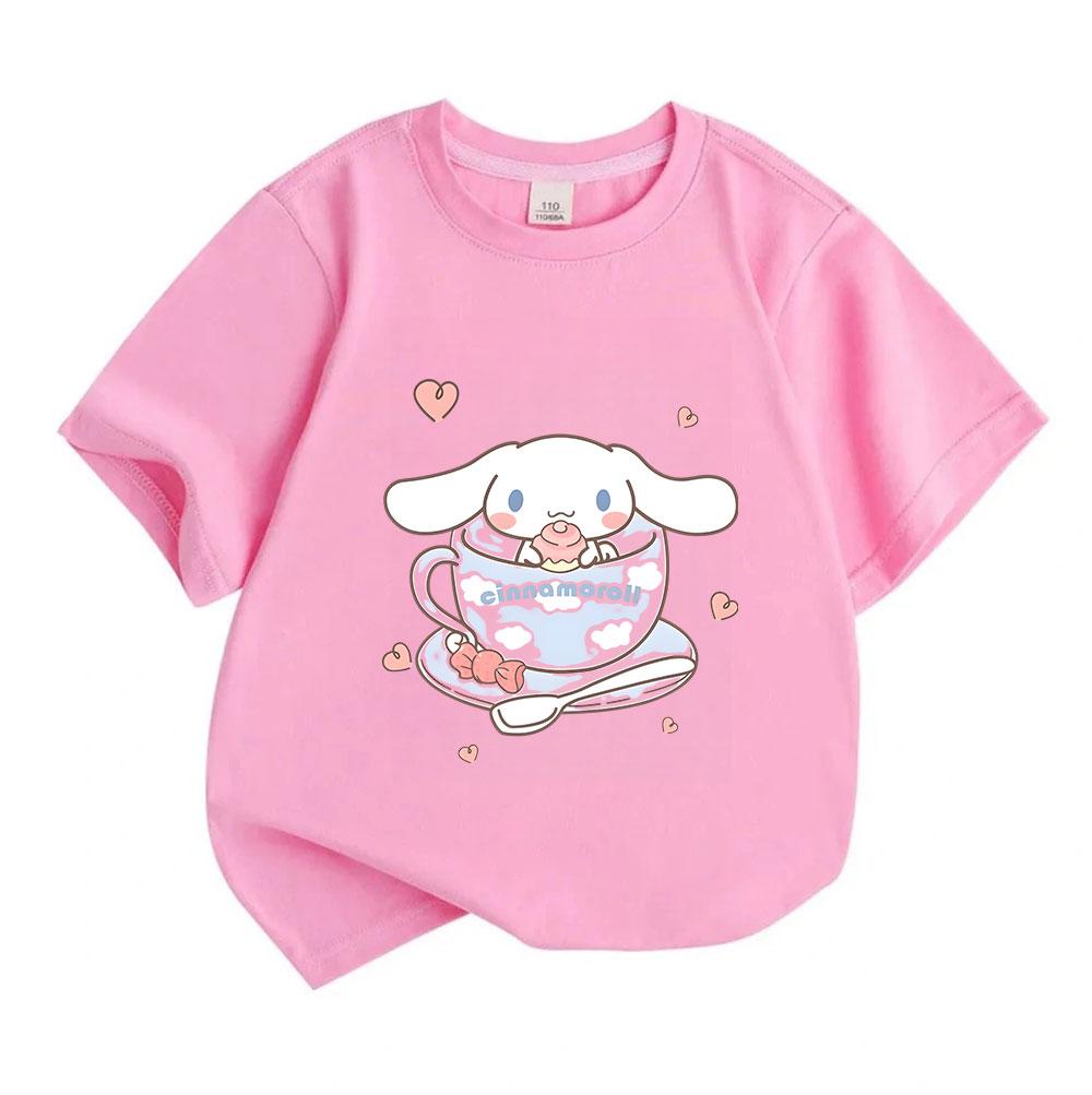 Cute Cartoon Big Ear Puppy Print Kids Boys Girls 100% Cotton T-Shirt Casual Crew Neck Short Sleeves Soft Breathable Summer Tees Adorable Heart Cup Pat