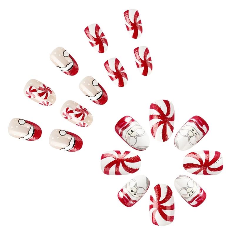24Pcs Christmas Press On Nail Snowflake Design Full Cover Acrylic False Nail Stick on Nail Women’s Nail Accessories