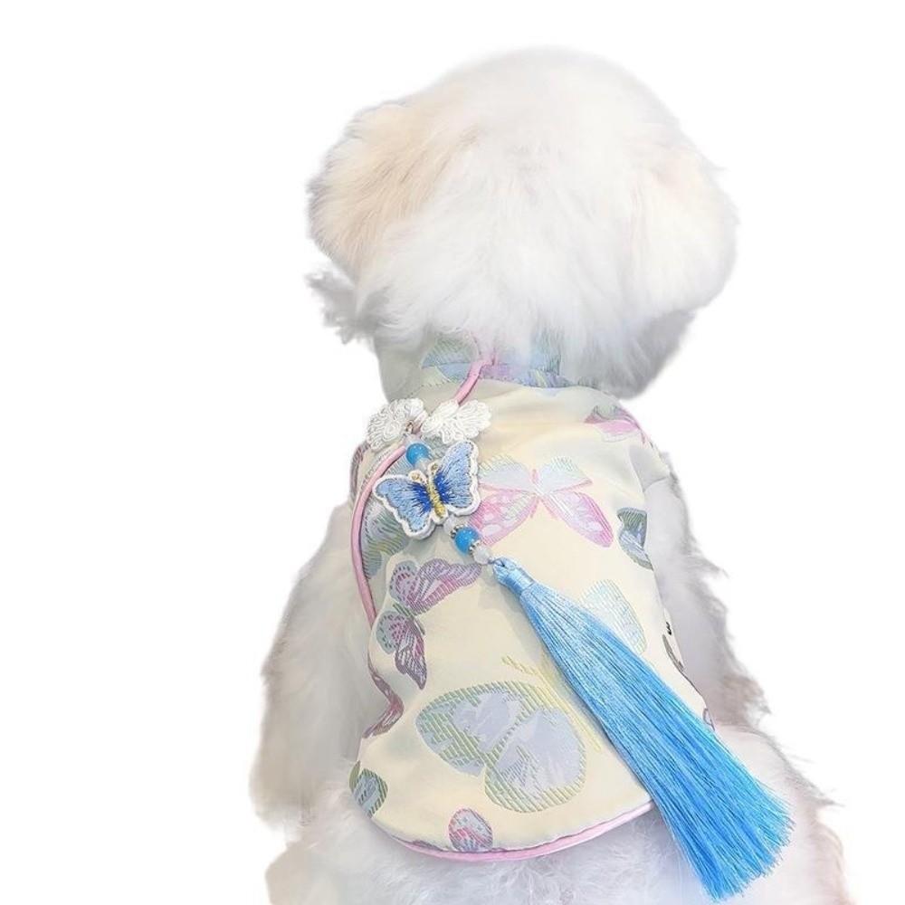 Butterfly Printed Dog Dress with Tassel Knot Anti-Fur Shedding Pet Clothes Thickened Soft Festive Costume Kitten