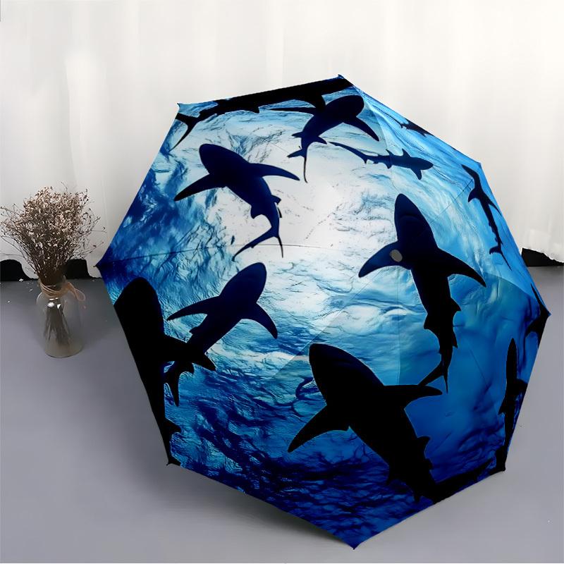 1pc Shark Swarm Automatic Umbrella - 8-Rib Portable Folding Black Iron Frame for Outdoor, Beach, Travel, Beach Umbrella,107