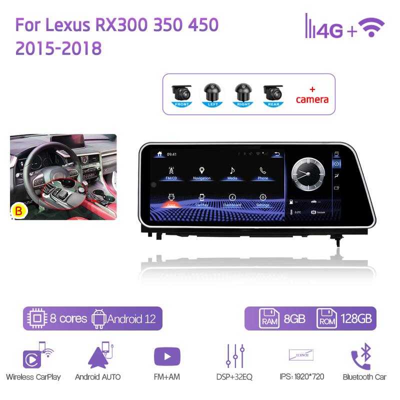 12.3" Car Multimedia Player For Lexus RX300 350 450 2015-2018 GPS Navigation Radio Android12 8+128G 8Core CarPlay 4G 360Camera