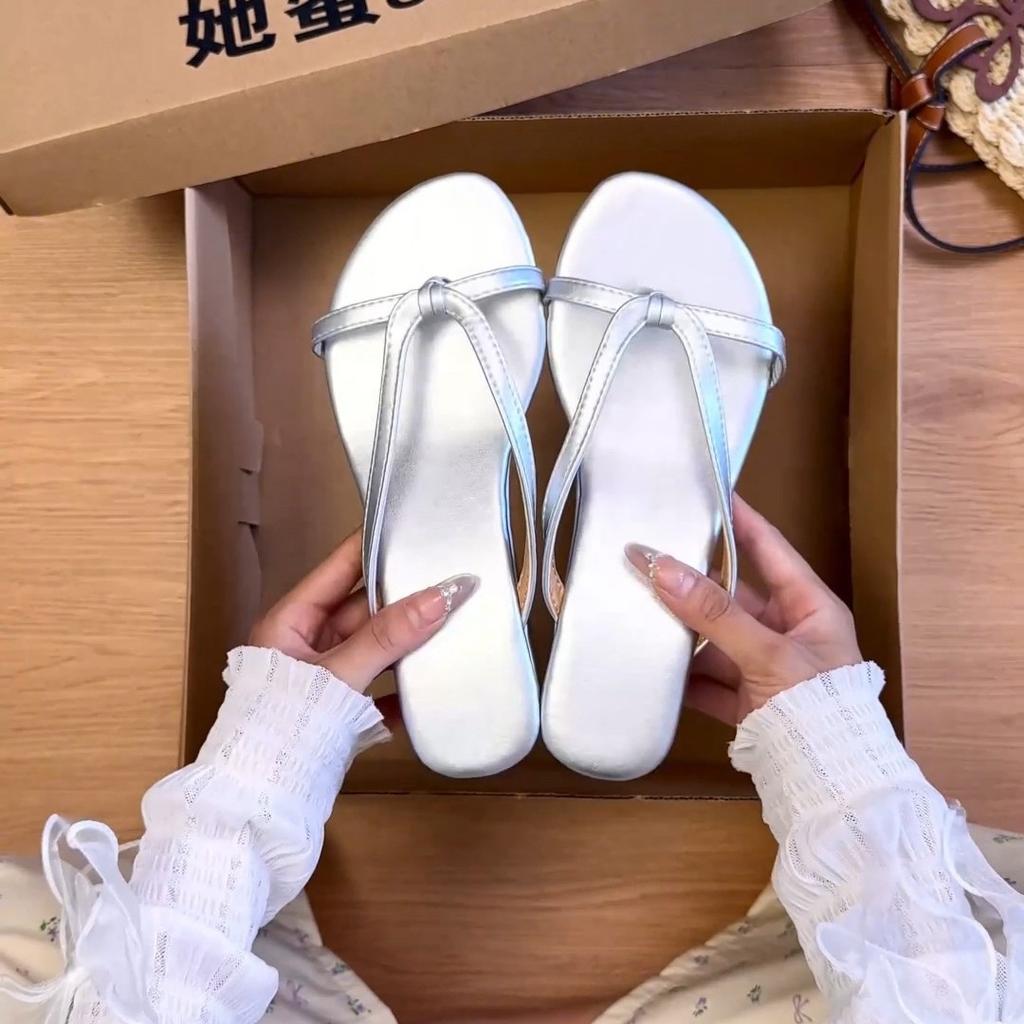 Silver Temperament Pinch-on Flip-flops Fairy Shoes Wear 2025 New Summer Wedge Heel High-heeled Cool Slippers