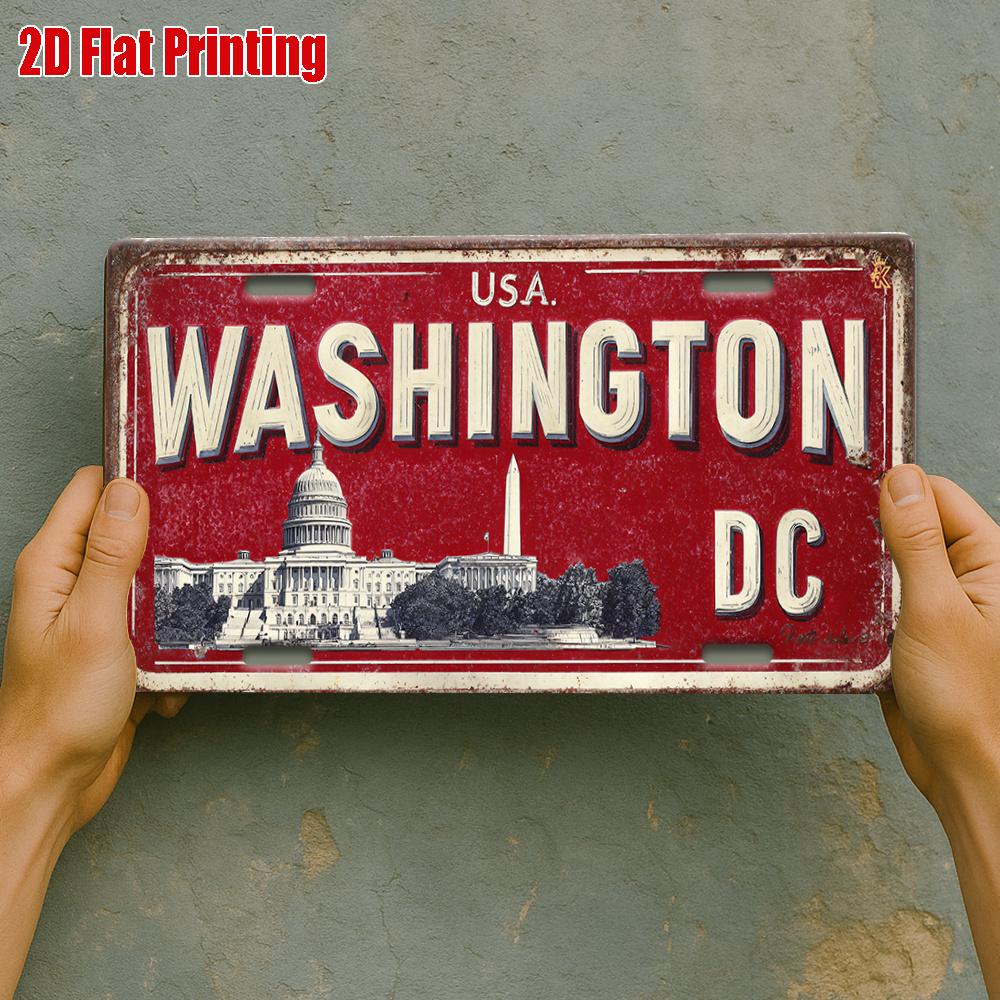 2D Flat Vintage Metal License Plate Washington DC Aluminum Sign for Office Decor, History Wall, Study Room