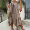 Falda Midi Caqui de Verano para Mujer Cintura Elástica Lazada Delantera Informal Irregular Fruncida Asimétrica Dobladillo Fluido Falda para Uso Diario de Damas